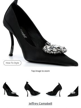 Jeffrey Campbell Black Satin Pointed-Toe Pump with Crystal Brooch